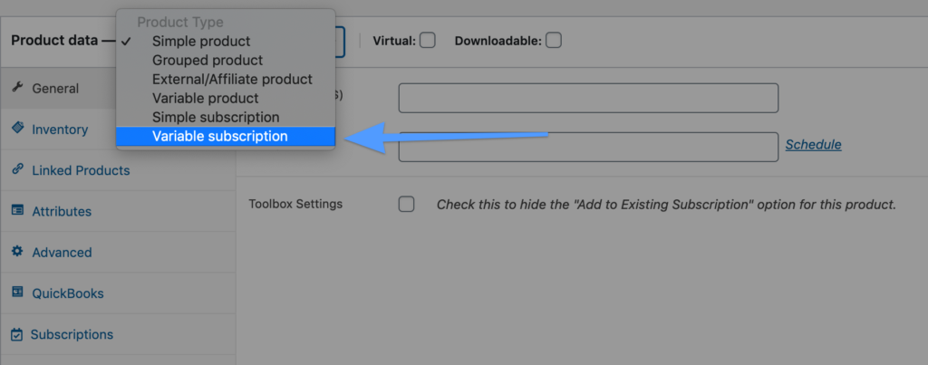 Make sure to select "Variable Subscription" and not "Variable Product".