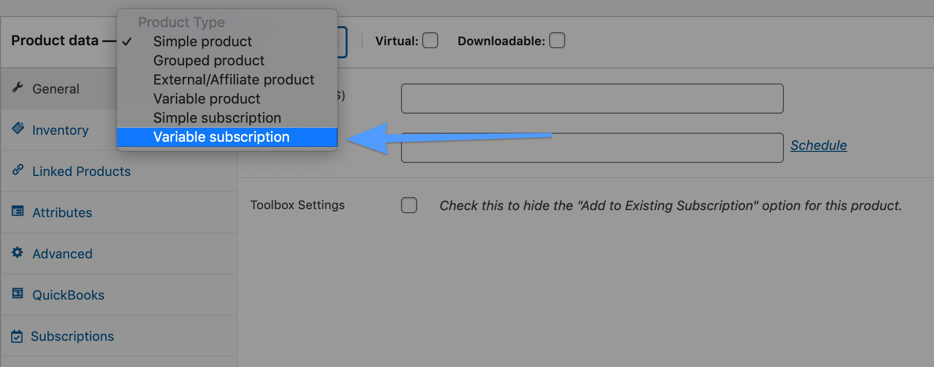 Make sure to select "Variable Subscription" and not "Variable Product".