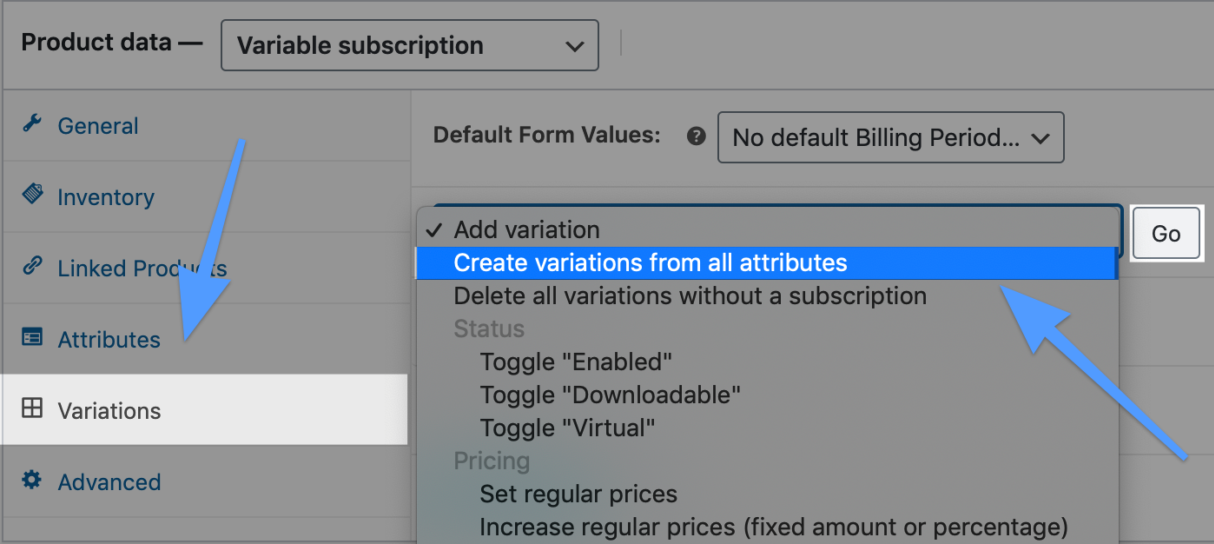 variable-subscription-product-wooCommerce-product-data-variations-create-products-from-all-attributes