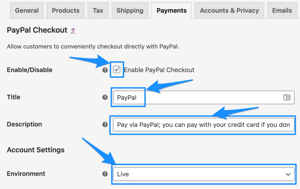 WooCommerce PayPal Checkout Account Settings