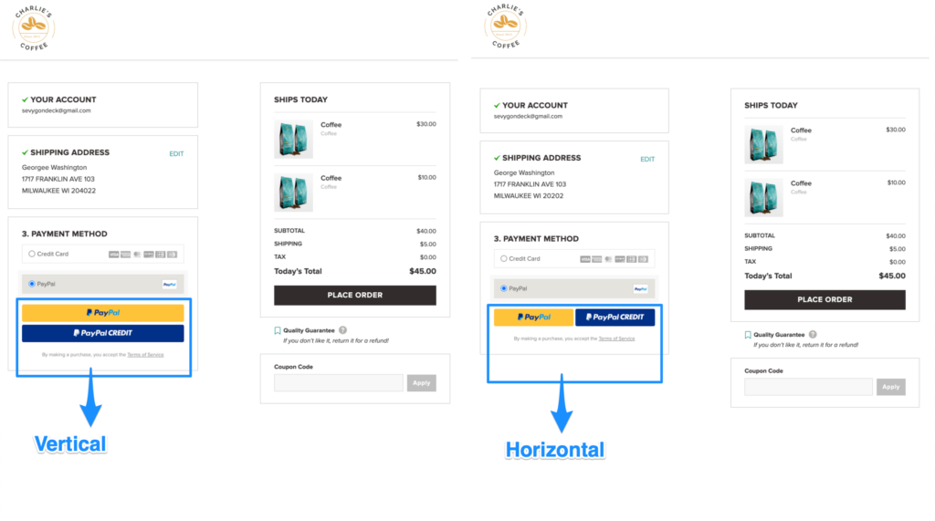 WooCommerce PayPal Checkout Button Settings Horizontal vs. Vertical