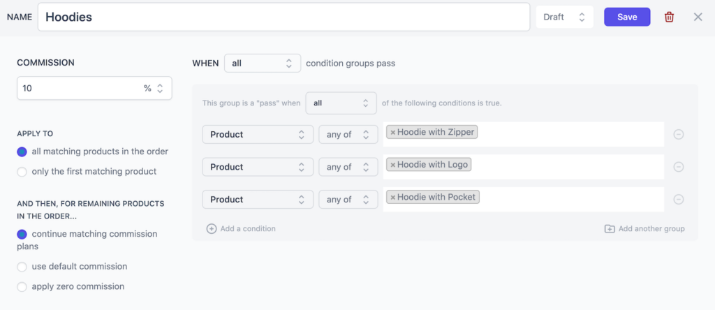 affiliate commission plan creation screen